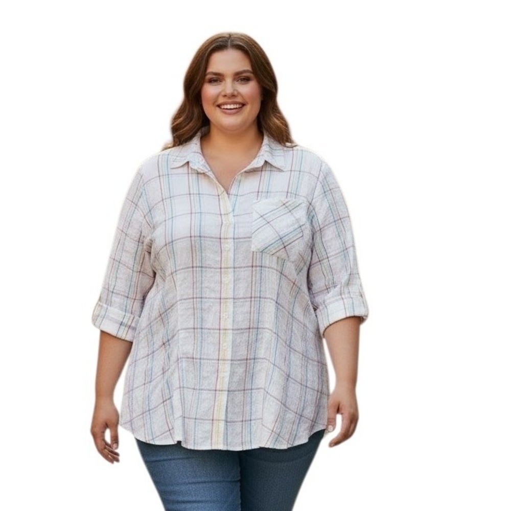 NWT Foxcroft Plaid Womens Size 22W Button Down Casual Textured Summer Beachy Top